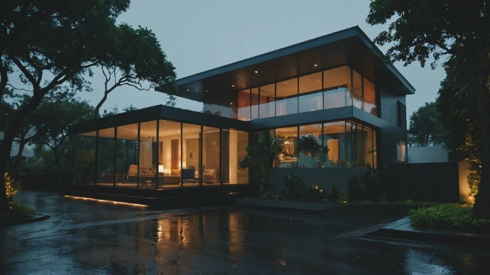 A house with a lot of windows and a lot of trees